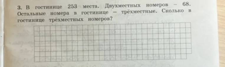 3. В гостинице 253 места. Двухместных номеров — 68. Остальные номера в гостинице — трёхместные. Сколько в гостинице трёхместных номеров?