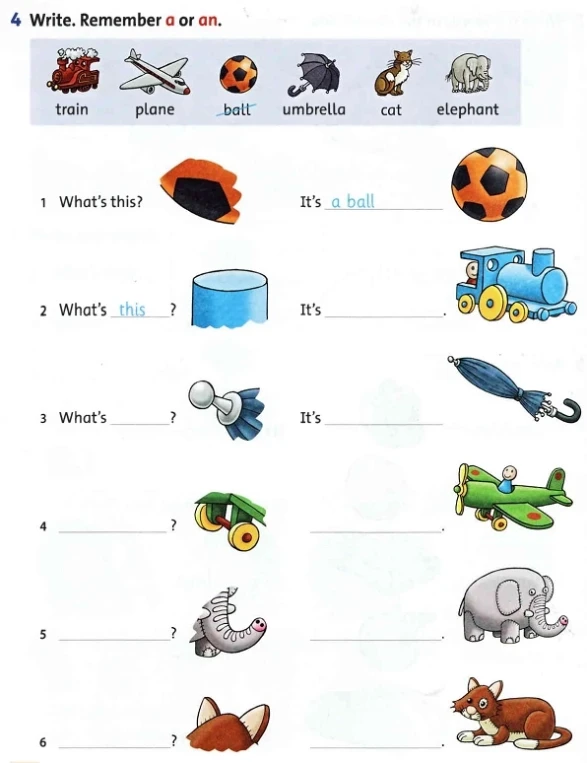 4 Write. Remember a or an.