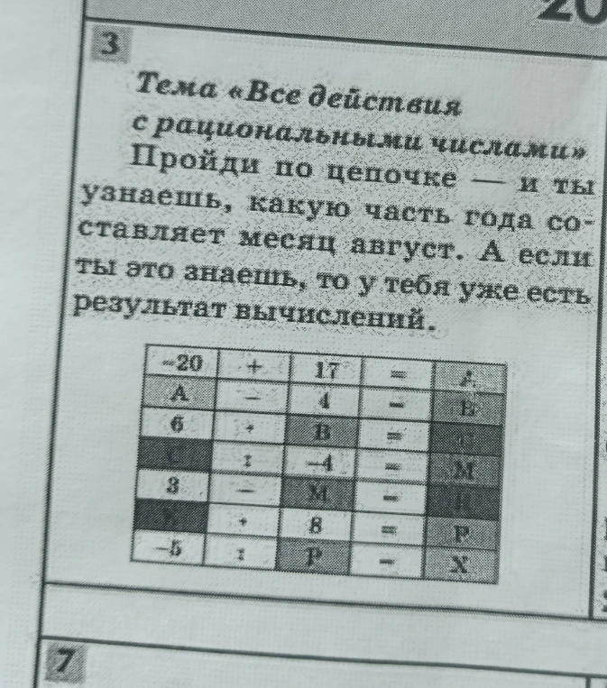 Тема «Все действия с рациональными числами». Пройди по цепочке — и ты узнаешь, какую часть года составляет месяц август. А если ты это знаешь, то у тебя уже есть результат вычислений.