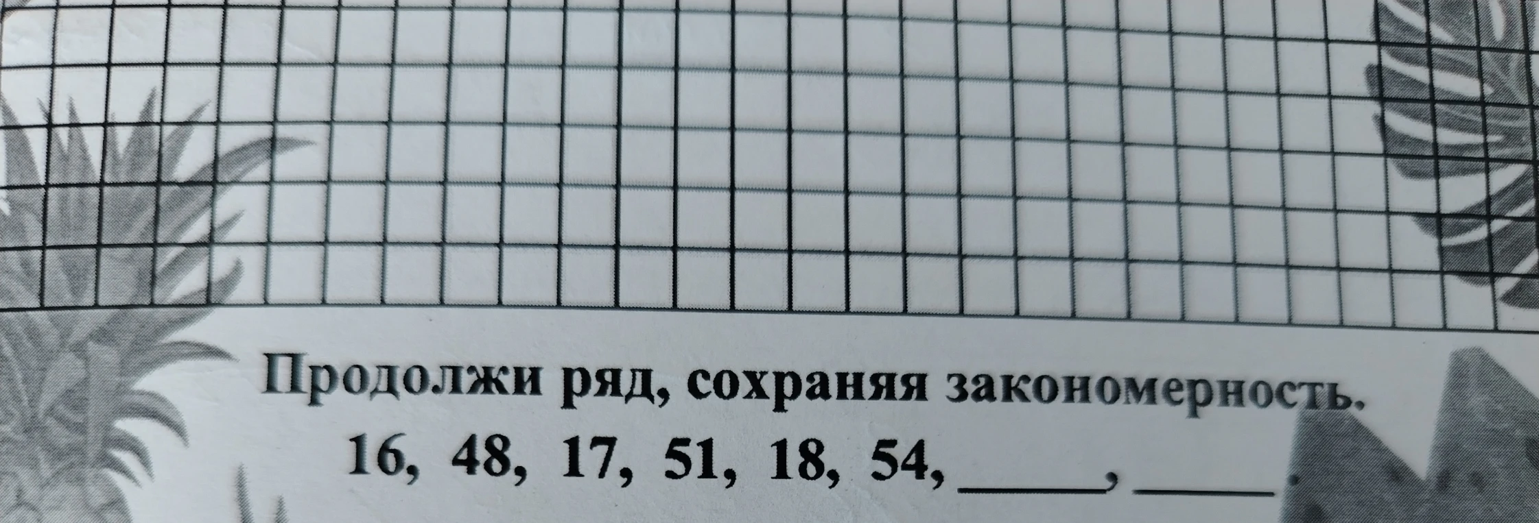 Продолжи ряд, сохраняя закономерность. 16, 48, 17, 51, 18, 54, ____, ____ .