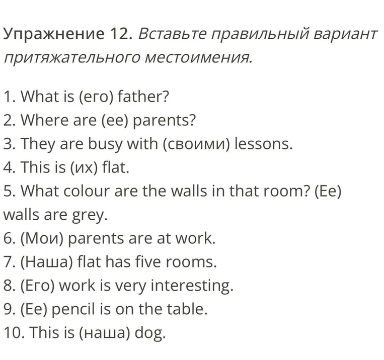 Упражнение 12. Вставьте правильный вариант притяжательного местоимения.