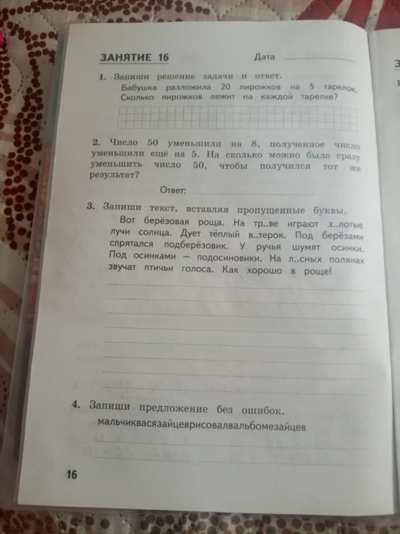 Запиши решение задачи и ответ. Бабушка разложила 20 пирожков на 5 тарелок. Сколько пирожков лежит на каждой тарелке?