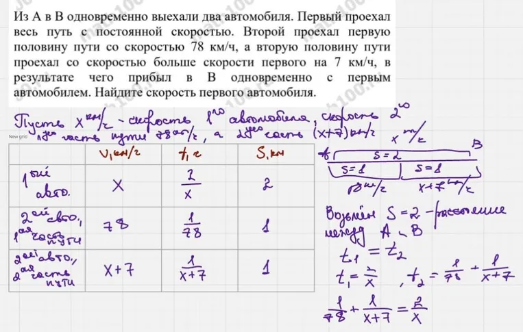 Из А в В одновременно выехали два автомобиля. Первый проехал весь путь с постоянной скоростью. Второй проехал первую половину пути со скоростью 78 км/ч, а вторую половину пути проехал со скоростью больше скорости первого на 7 км/ч, в результате чего прибыл в В одновременно с первым автомобилем. Найдите скорость первого автомобиля.