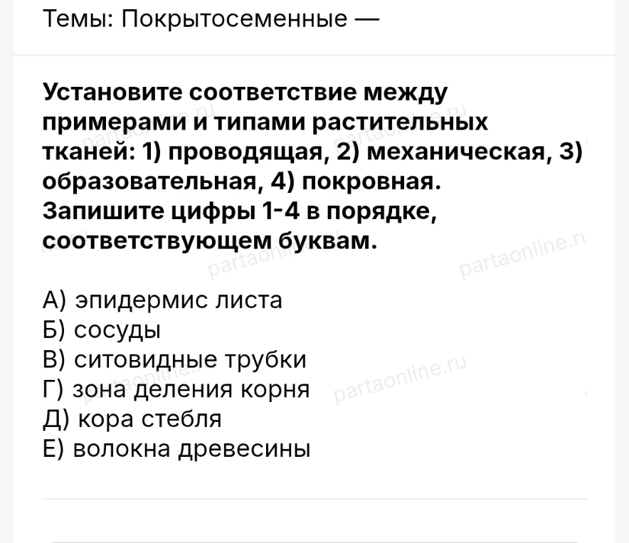 Установите соответствие между примерами и типами растительных тканей: 1) проводящая, 2) механическая, 3) образовательная, 4) покровная.