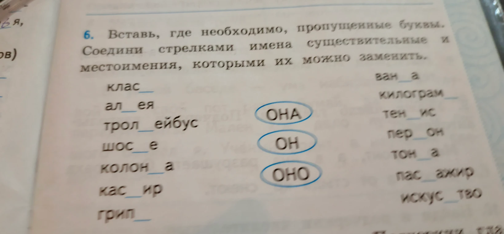 Вставь, где необходимо, пропущенные буквы. Соедини стрелками имена существительные и местоимения, которыми их можно заменить.