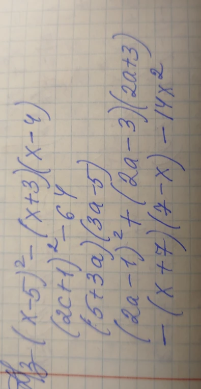 (x-5)^2-(x+3)(x-4), (2c+1)^2-6c, (5+3a)(3a-5), (2a-1)^2+(2a-3)(2a+3), -(x+7)(7-x)-14x^2