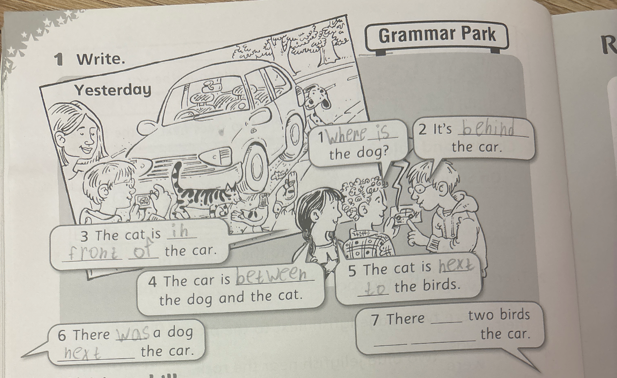 7 There ____ two birds ______ the car.