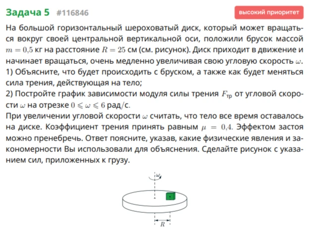 На большой горизонтальный шероховатый диск, который может вращаться вокруг своей центральной вертикальной оси, положили брусок массой m = 0,5 кг на расстояние R = 25 см