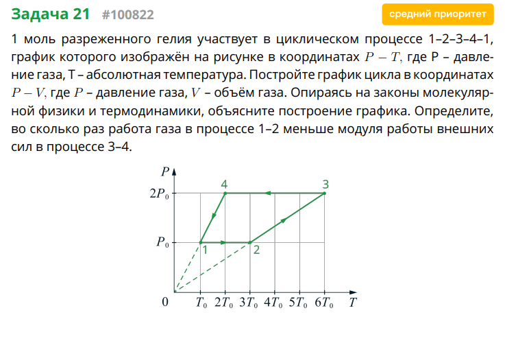 1 моль разреженного гелия участвует в циклическом процессе 1–2–3–4–1, график которого изображён на рисунке в координатах P – T