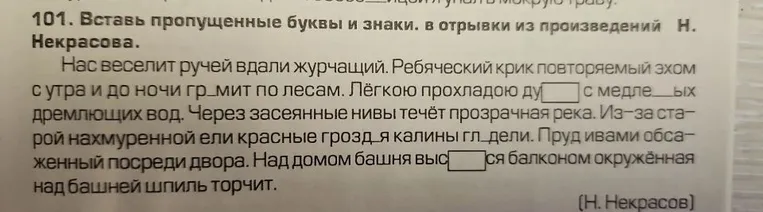 101. Вставь пропущенные буквы и знаки. в отрывки из произведений Н. Некрасова.