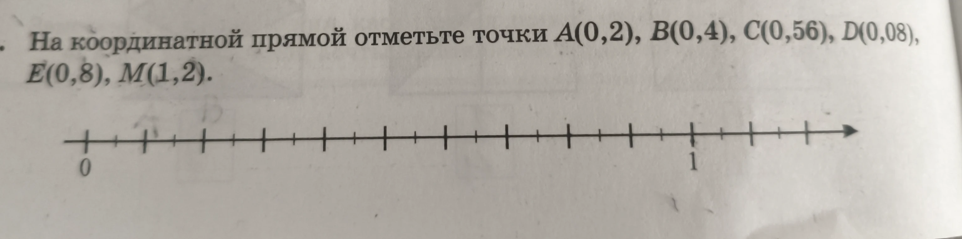 На координатной прямой отметьте точки A(0,2), B(0,4), C(0,56), D(0,08), E(0,8), M(1,2).
