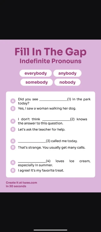 Fill In The Gap Indefinite Pronouns: everybody, anybody, somebody, nobody