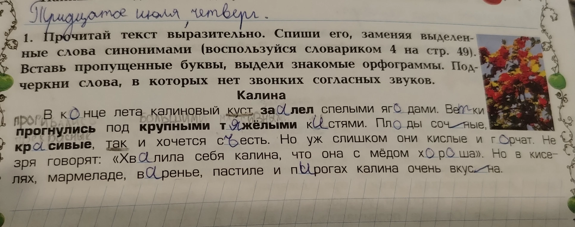 1. Прочитай текст выразительно. Спиши его, заменяя выделенные слова синонимами (воспользуйся словариком 4 на стр. 49). Вставь пропущенные буквы, выдели знакомые орфограммы. Подчеркни слова, в которых нет звонких согласных звуков.