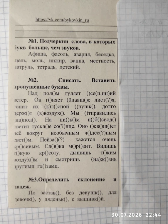 №1. Подчеркни слова, в которых букв больше, чем звуков. №2. Списать. Вставить пропущенные буквы. №3. Определить склонение и падеж.