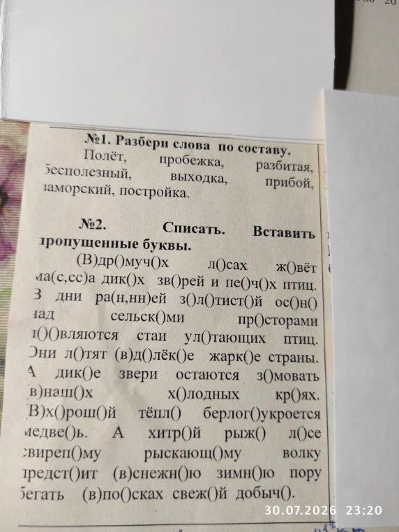 №1. Разбери слова по составу. Полет, пробежка, разбитая... №2. Списать. Вставить пропущенные буквы. (В)др()муч()х л()сах...