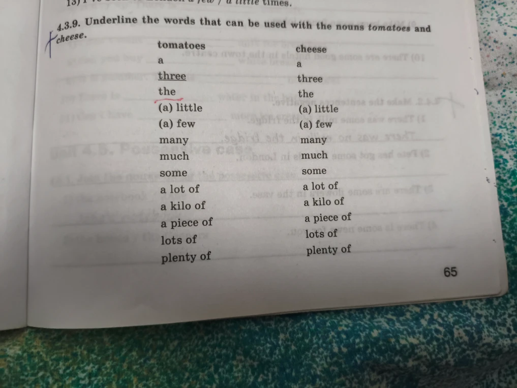 4.3.9. Underline the words that can be used with the nouns tomatoes and cheese.