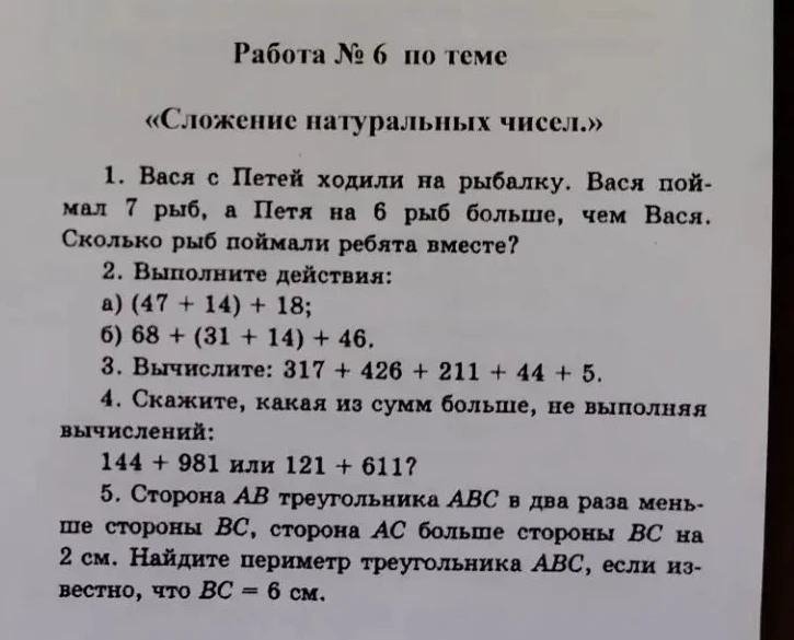 Работа № 6 по теме «Сложение натуральных чисел». 1. Вася с Петей ходили на рыбалку. Вася поймал 7 рыб, а Петя на 6 рыб больше, чем Вася. Сколько рыб поймали ребята вместе?