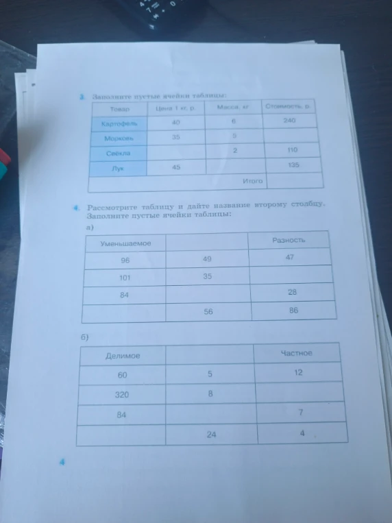 Заполните пустые ячейки таблицы