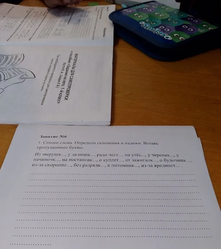 Спиши слова. Определи склонения и падежи. Вставь пропущенные буквы. Из зверушек..., у дядюшек..., ради чест..., на утёс..., у черепах..., у начиночк..., на постановк..., о куплет..., от зажигалк..., о булочник..., из-за скоропис..., без разрядк..., в питомник..., из-за вредност...