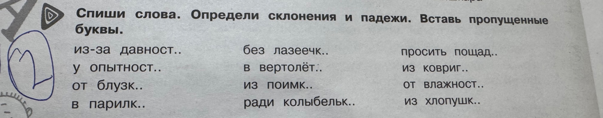 Спиши слова. Определи склонения и падежи. Вставь пропущенные буквы.