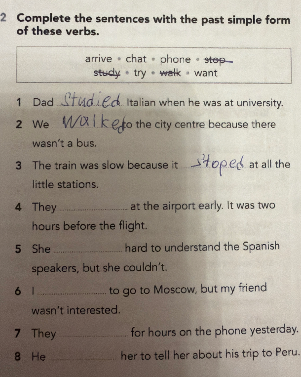 Complete the sentences with the past simple form of these verbs.
