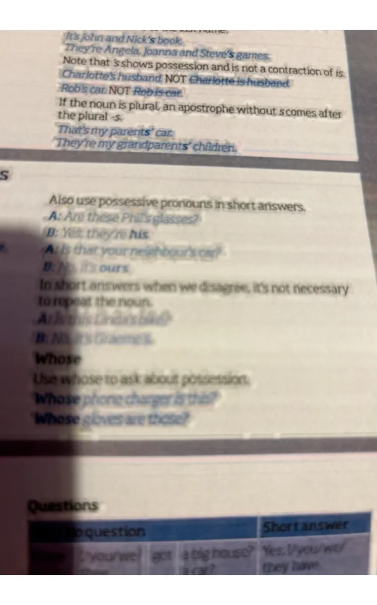 It is a grammar guide for possessives, including the use of 's, plural apostrophes, possessive pronouns, and the question word "whose".