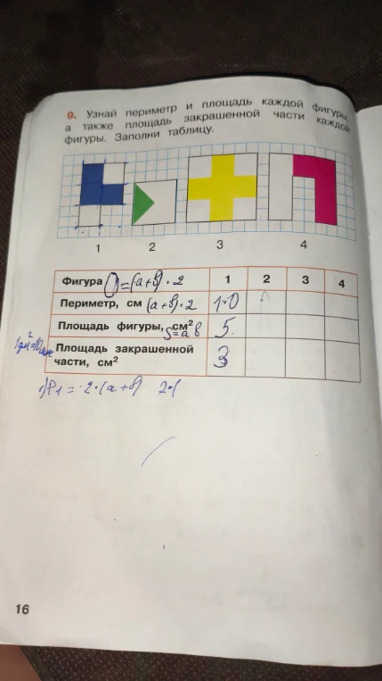 Узнай периметр и площадь каждой фигуры, а также площадь закрашенной части каждой фигуры. Заполни таблицу.