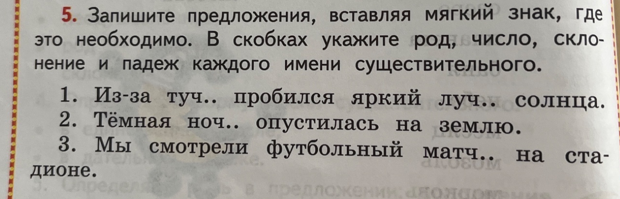 5. Запишите предложения, вставляя мягкий знак, где это необходимо. В скобках укажите род, число, склонение и падеж каждого имени существительного.