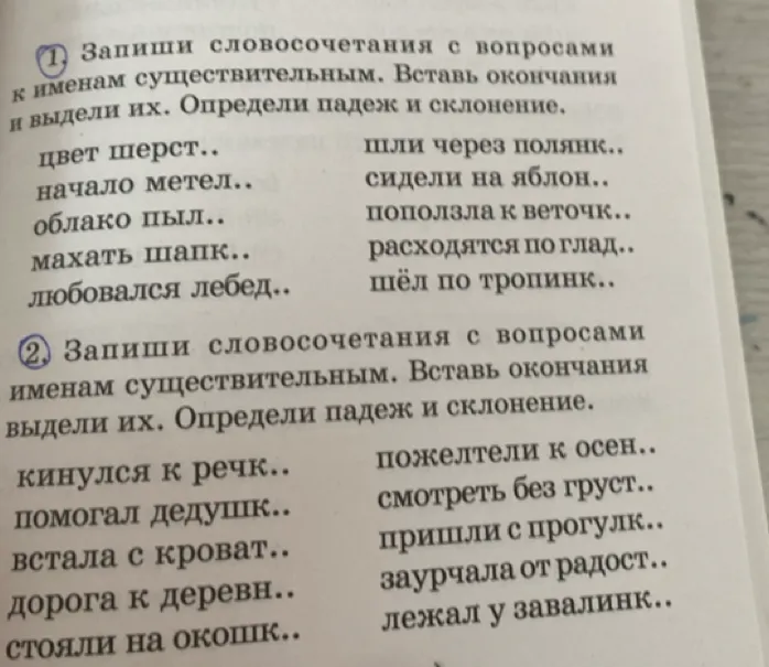 Запиши словосочетания с вопросами к именам существительным. Вставь окончания и выдели их. Определи падеж и склонение.