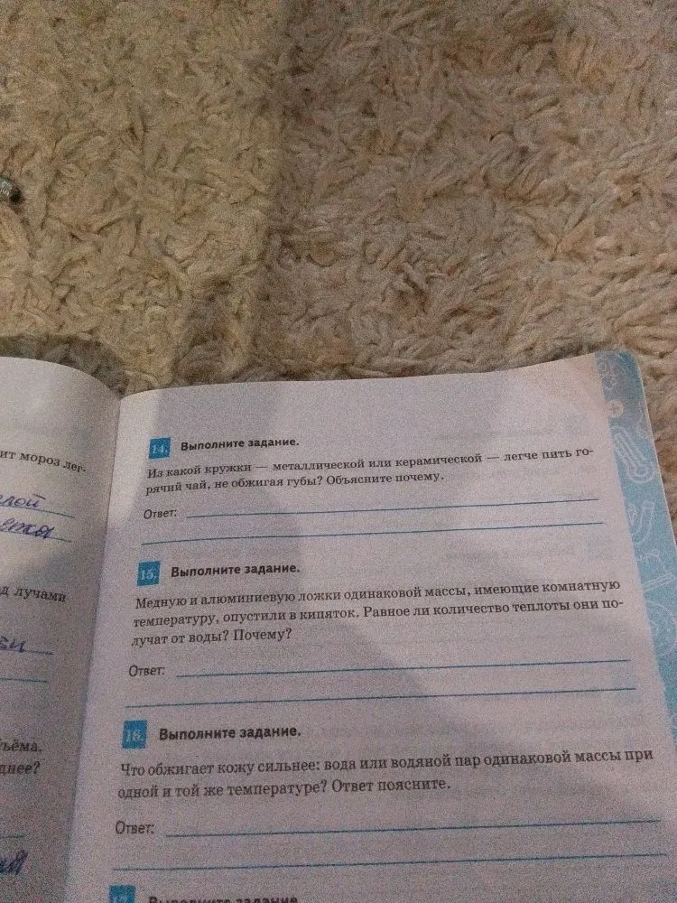 14. Выполните задание. Из какой кружки — металлической или керамической — легче пить горячий чай, не обжигая губы? Объясните почему.