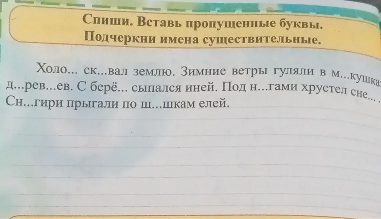 Спиши. Вставь пропущенные буквы. Подчеркни имена существительные.