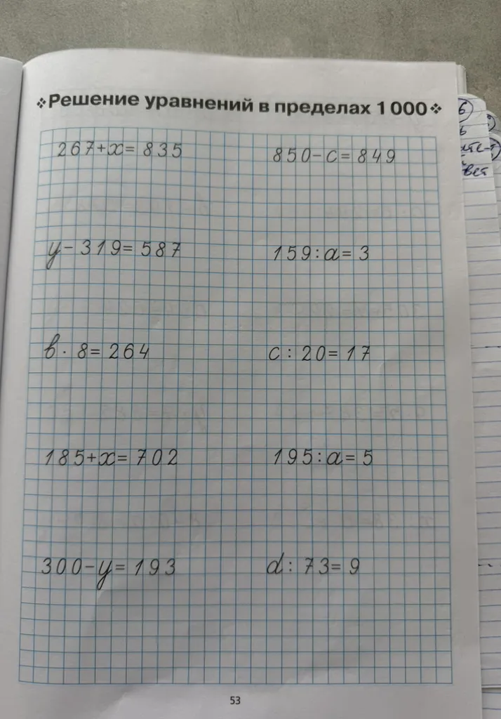 Решение уравнений в пределах 1 000: 267+x=835, 850-c=849, y-319=587, 159:a=3, b*8=264, c:20=17, 185+x=702, 195:a=5, 300-y=193, d:73=9.
