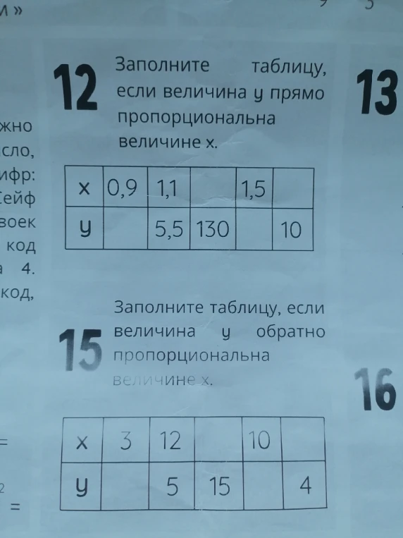 Заполните таблицу, если величина y прямо пропорциональна величине x.