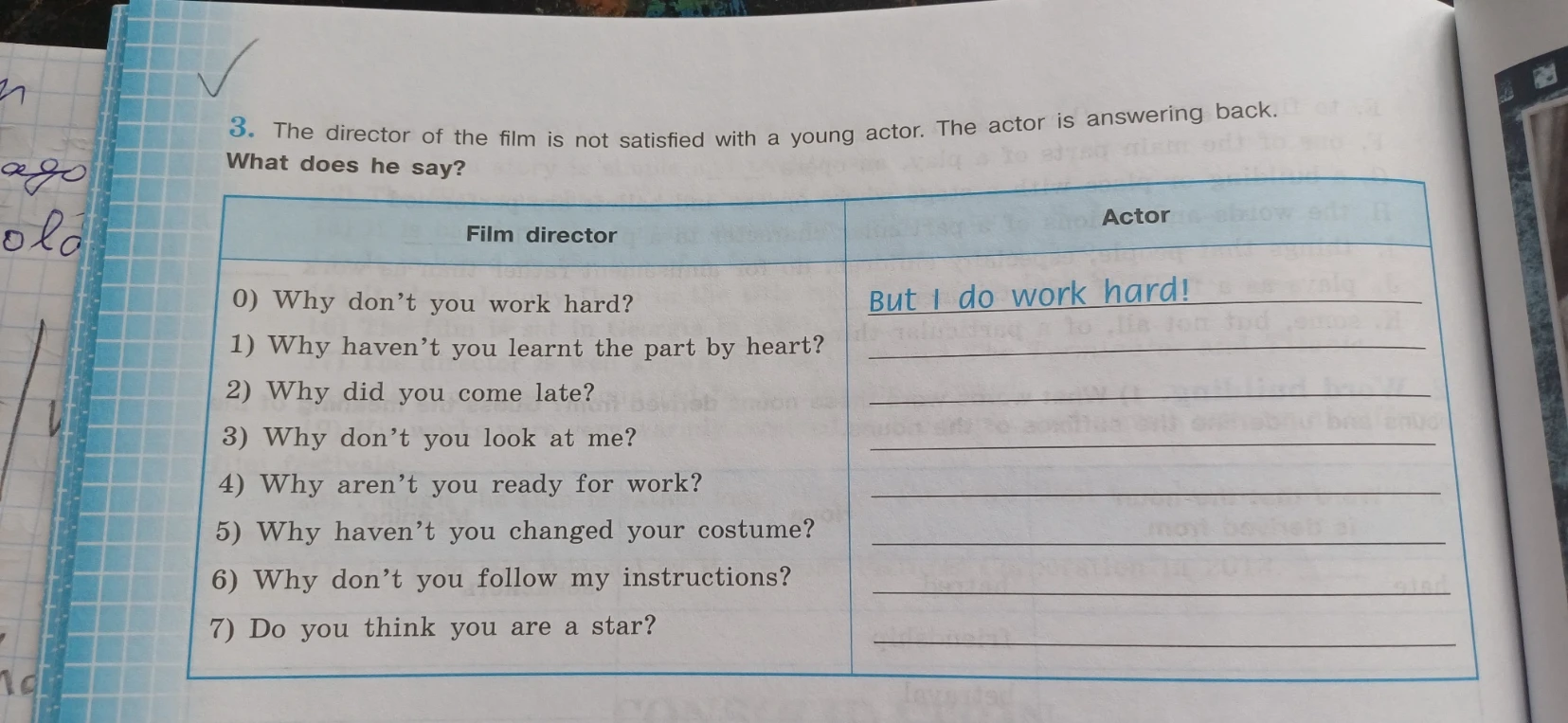 3. The director of the film is not satisfied with a young actor. The actor is answering back. What does he say?