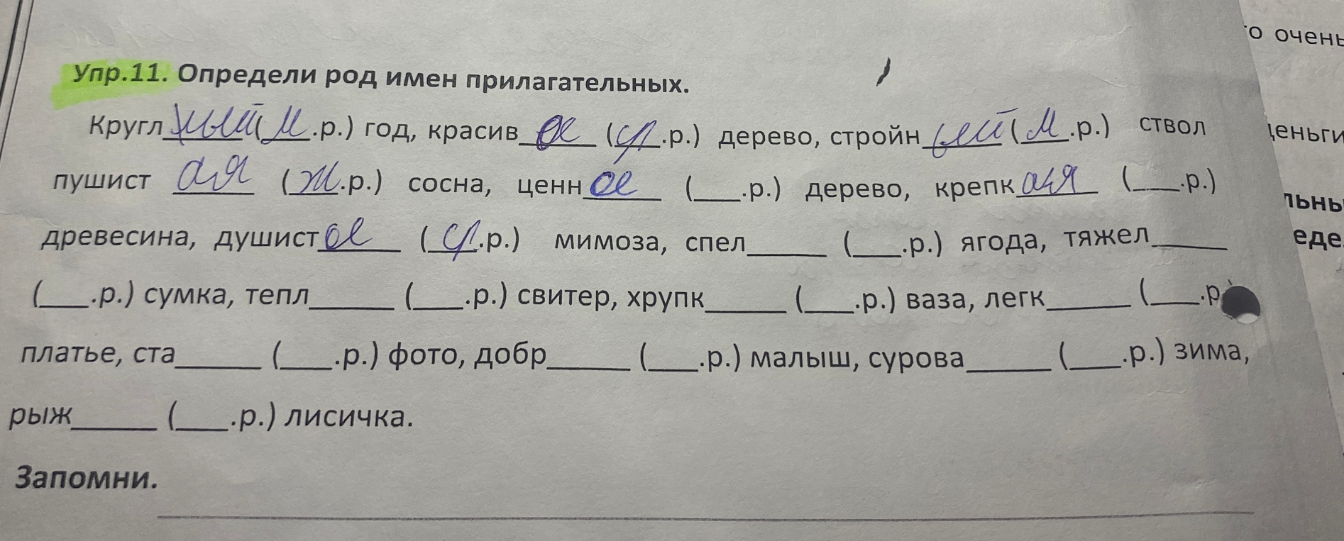 Упр.11. Определи род имен прилагательных.