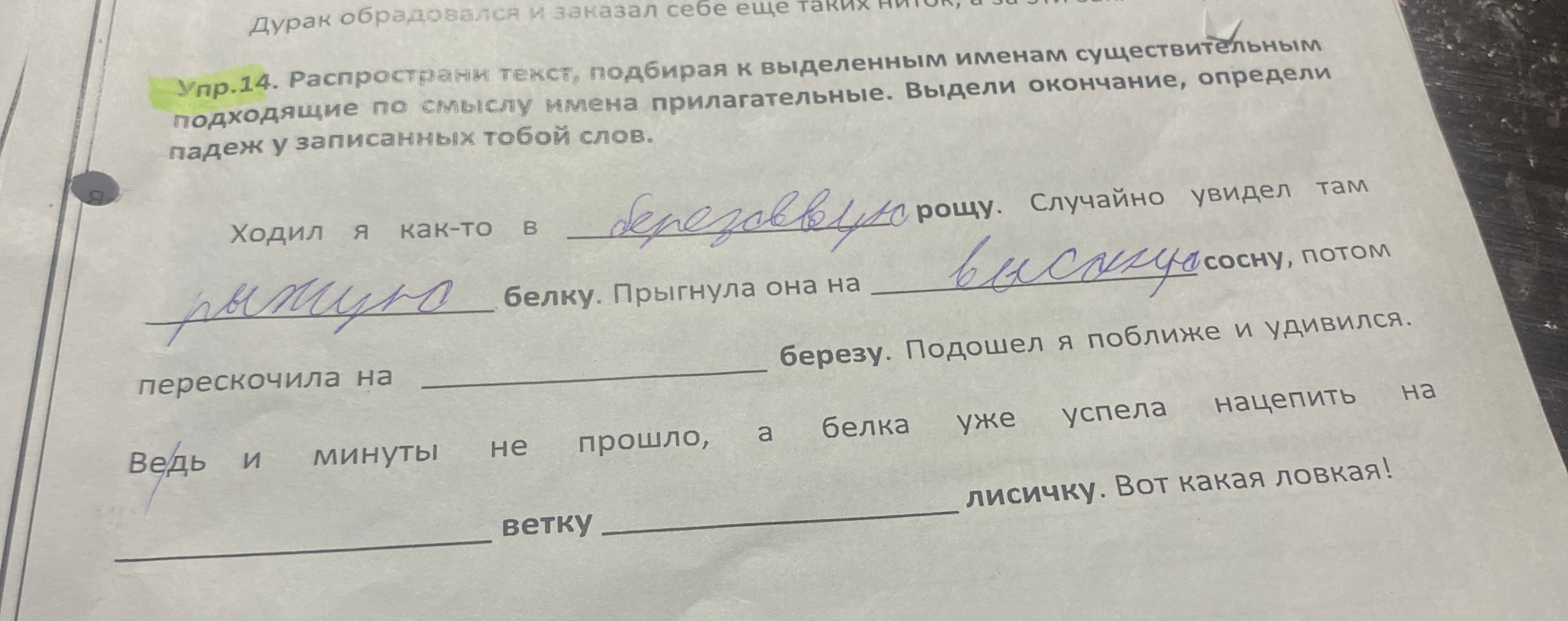 Упр.14. Распространи текст, подбирая к выделенным именам существительным подходящие по смыслу имена прилагательные. Выдели окончание, определи падеж у записанных тобой слов.