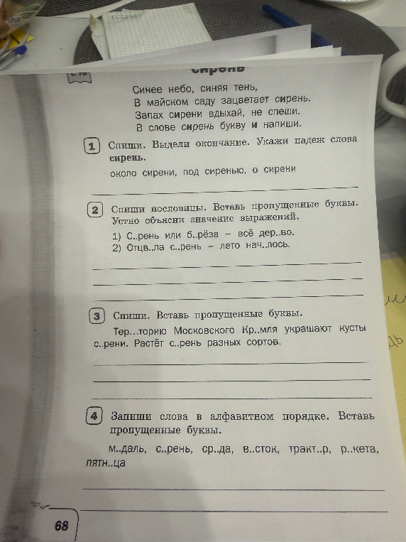 Спиши. Выдели окончание. Укажи падеж слова сирень: около сирени, под сиренью, о сирени.