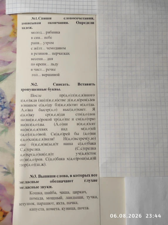 №1. Спиши словосочетания, дописывая окончания. Определи падеж.