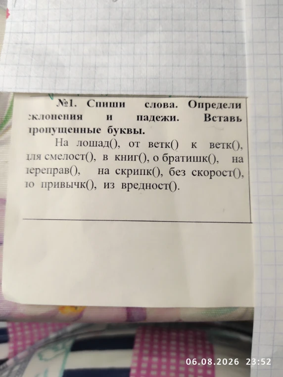 №1. Спиши слова. Определи склонения и падежи. Вставь пропущенные буквы. На лошад(), от ветк() к ветк()...