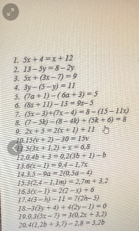 1. 5x + 4 = x + 12