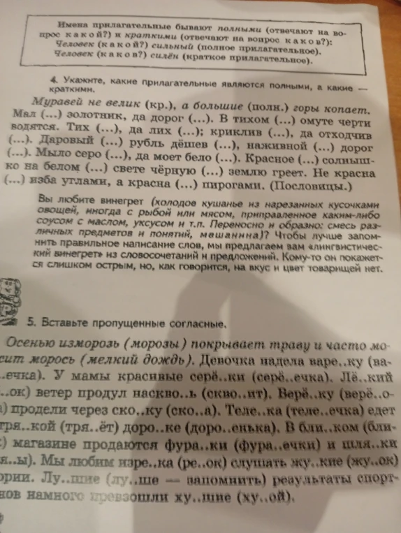 4. Укажите, какие прилагательные являются полными, а какие — краткими. 5. Вставьте пропущенные согласные.