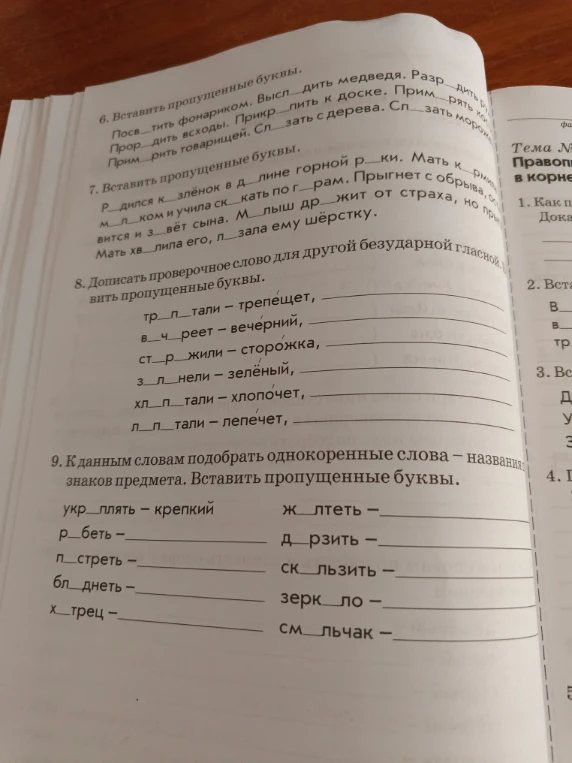 6. Вставить пропущенные буквы. Посв...тить фонариком. Высл...дить медведя.