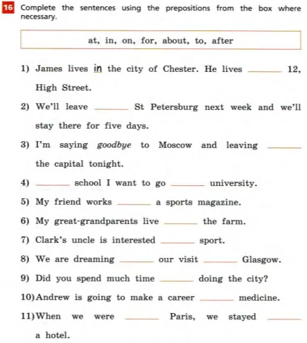Complete the sentences using the prepositions from the box where necessary.