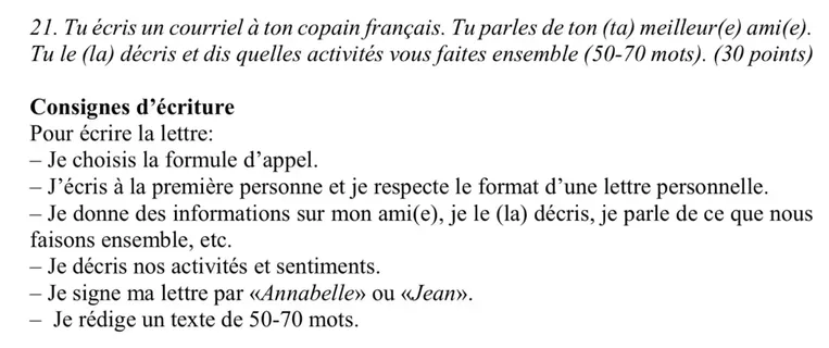 Tu écris un courriel à ton copain français. Tu parles de ton (ta) meilleur(e) ami(e). Tu le (la) décris et dis quelles activités vous faites ensemble (50-70 mots).