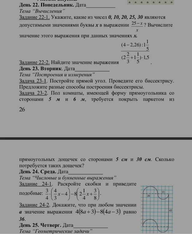 Задание 22-1. Укажите, какие из чисел 0, 10, 20, 25, 30 являются допустимыми значениями буквы x в выражении 25-x / x?