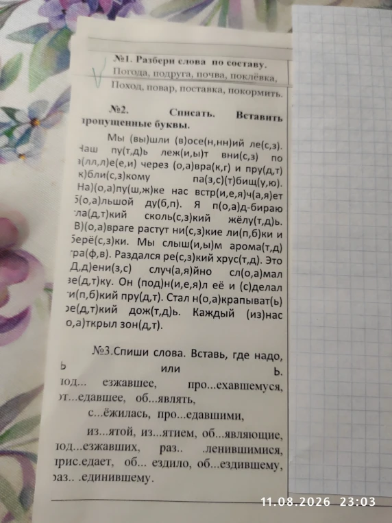 №1. Разбери слова по составу. Погода, подруга, почва, поклёвка, Поход, повар, поставка, покормить. №2. Списать. Вставить пропущенные буквы. №3. Спиши слова. Вставь, где надо, ъ или ь.