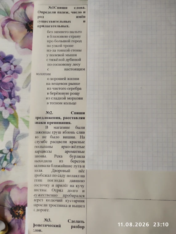№1 Спиши слова. Определи падеж, число и род имен существительных и прилагательных. №2 Спиши предложения, расставляя знаки препинания.