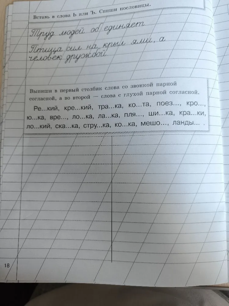 Вставь в слова ь или ъ. Спиши пословицы. Выпиши в первый столбик слова со звонкой парной согласной, а во второй — слова с глухой парной согласной.