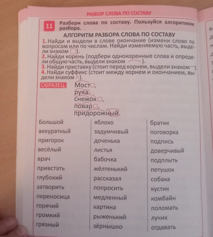 Разбери слова по составу. Пользуйся алгоритмом разбора.