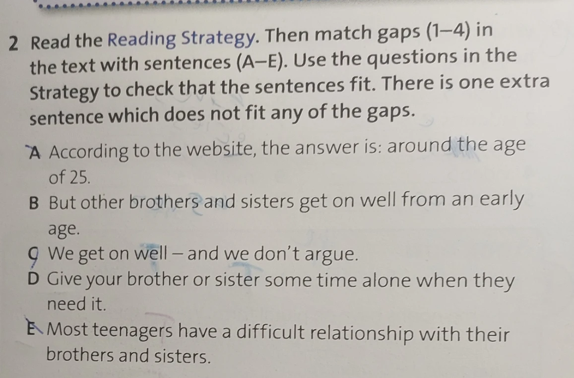 Read the Reading Strategy. Then match gaps (1–4) in the text with sentences (A–E). Use the questions in the Strategy to check that the sentences fit. There is one extra sentence which does not fit any of the gaps.